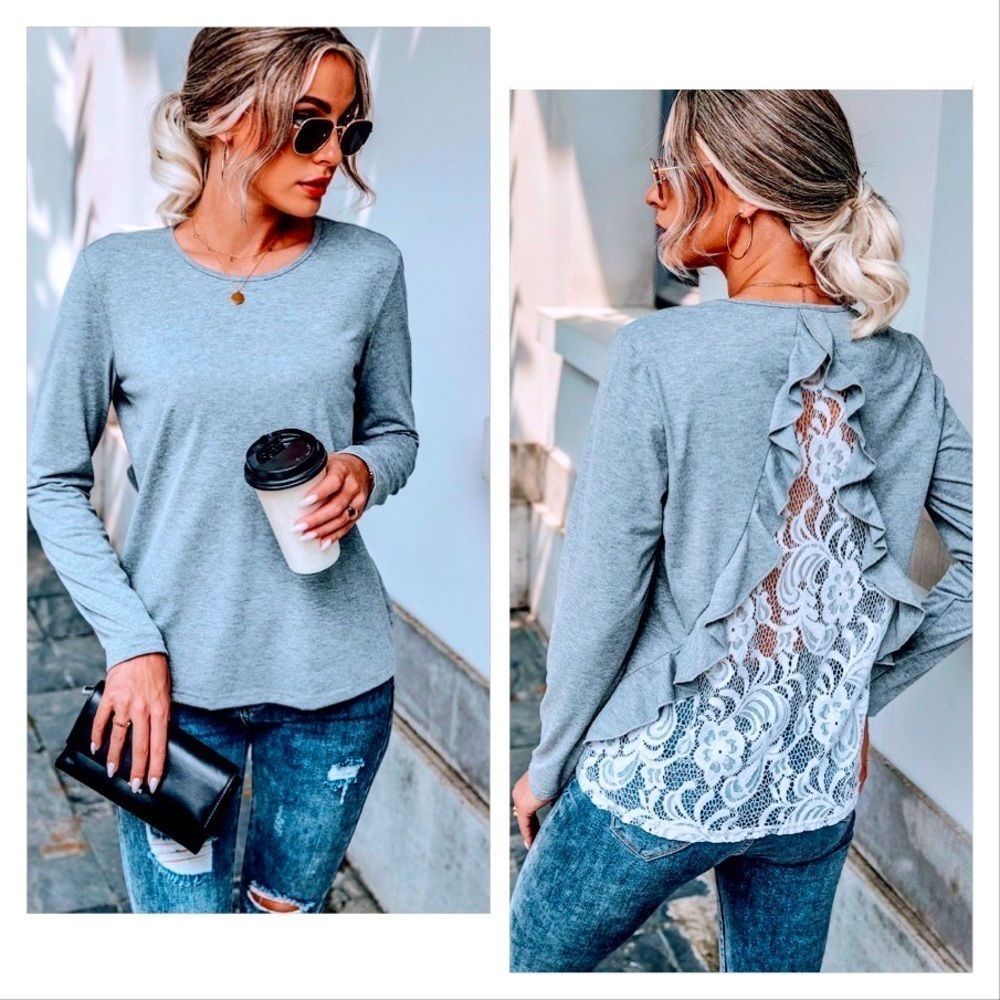 NWT! CONTRAST LACE INSERT RUFFLE TRIM TEE! - Picture 3 of 12